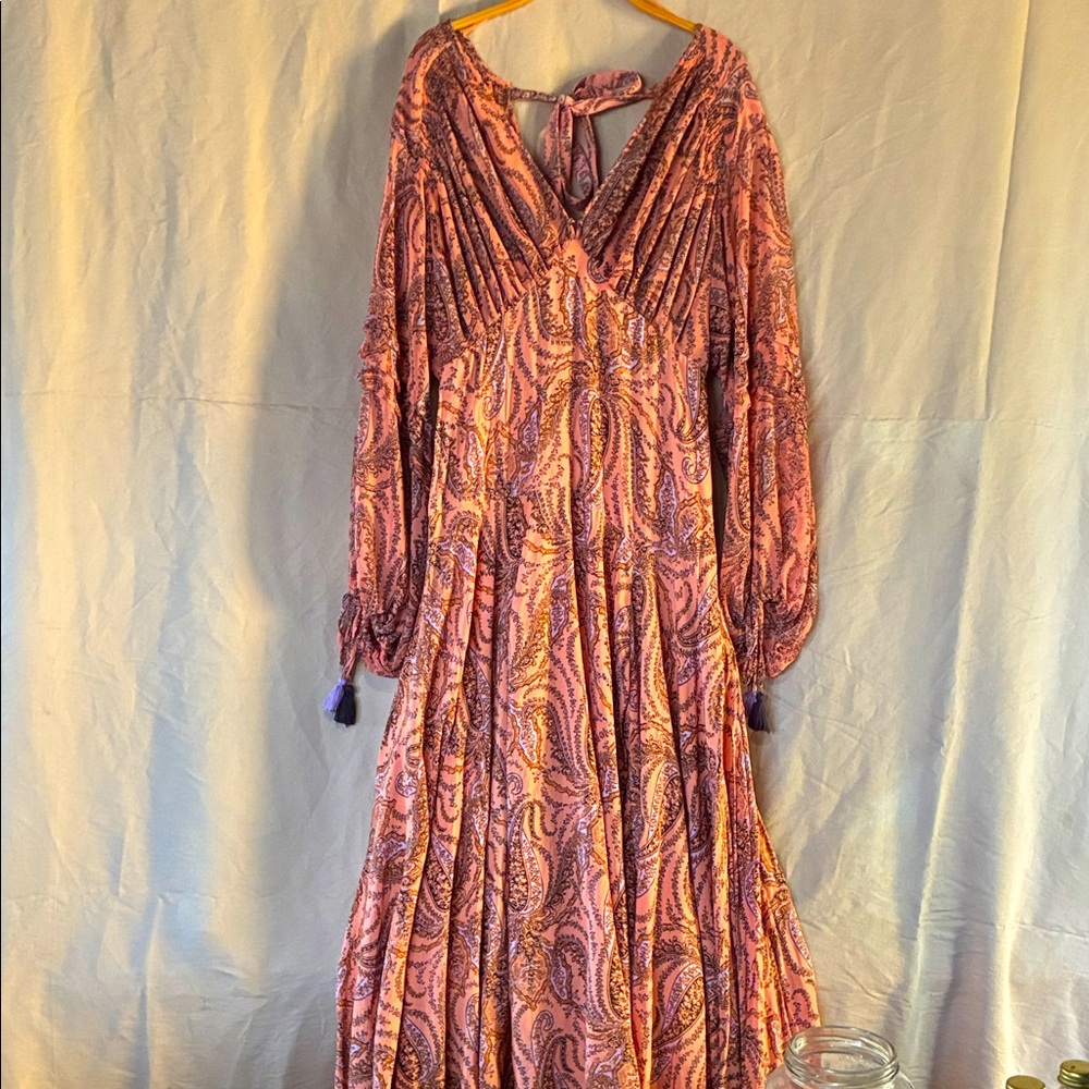 Free People Pink and Purple Paisley Long Sleeve Dress